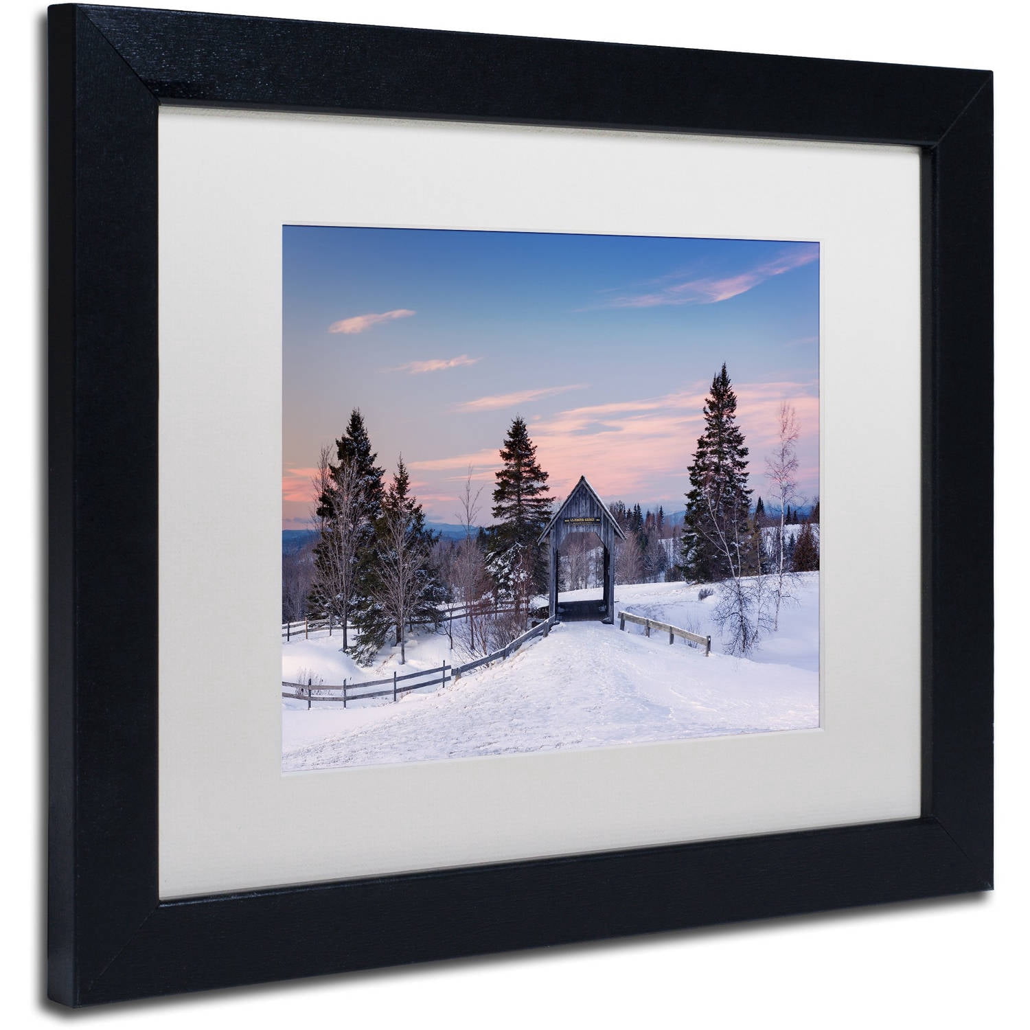 Trademark Fine Art "Snow at the Bridge" Canvas Art by Michael Blanchette Photography White Matte, Black Frame