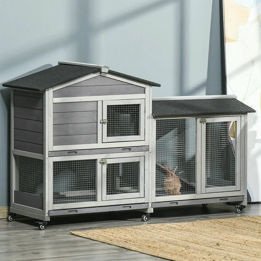Spaco 62inch Wooden Mobile Rabbit Hutch with Wheels, Run Box, Slide-out Tray, Ramp, Gray