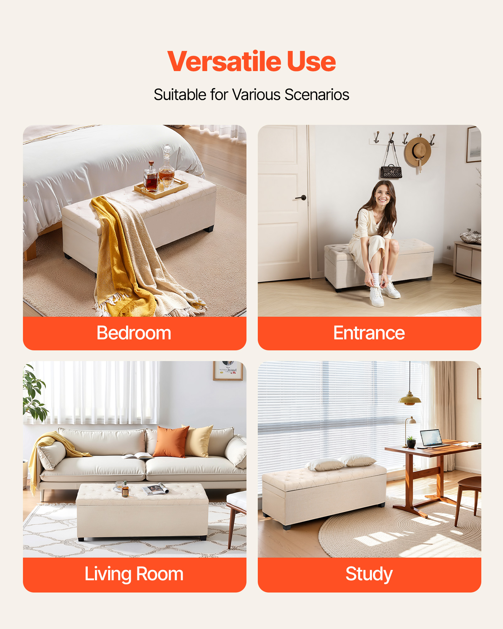 VEVOR Storage Ottoman Bench, Button-Tufted End of Bed Bench with Side Bags, Flip-up Upholstered Storage Chest with Metal Frame, Linen Bed Ottoman for Living Room, Bedroom, Entryway, Office, Beige