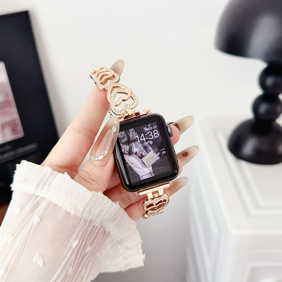 for Apple Watch Bands 49mm 45mm 44mm 42mm for Women Girls iWatch Band Series SE 9 8 7 6 5 4 3 2 1, Glitter Bling Diamond Heart Shape Bracelet Strap Metal Dressy Chain for iWatch Ultra 2/1, Rosegold