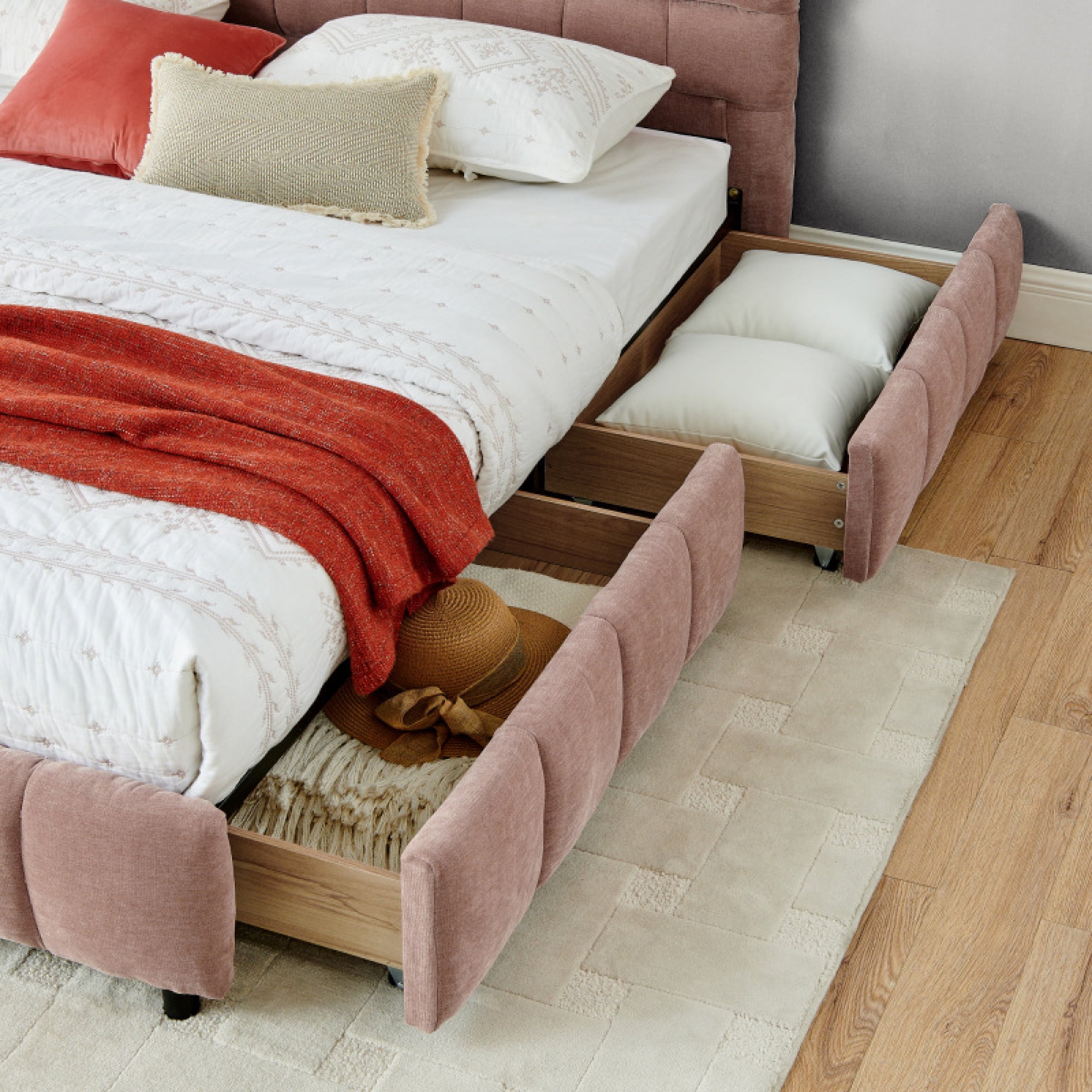 California King size Upholstered Bed ,comfortable upholstered bed frame, Chenille fabric, with headboard and solid bed frame. With drawer for storage.-Pink (90.5''*80.5''*31'')