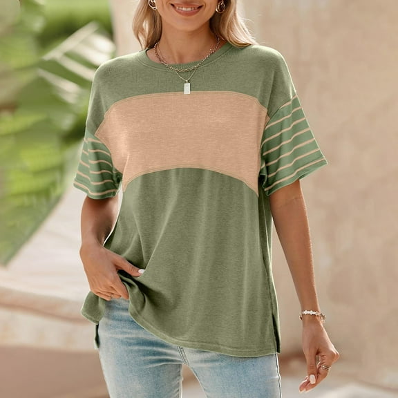 Ajshakl Green Crew Neck Casual Plus Size Tops for Women, Summer Tops Trendy Oversized 2025 Crewneck Casual Color Block Striped Shirts Blouses