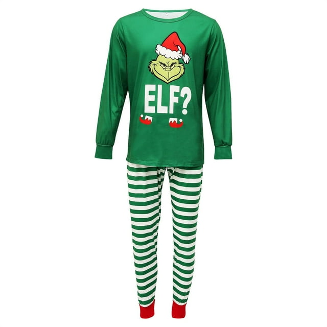Moonsky| Green Christmas Family Pajamas Matching Set Christmas Elf Print Long Sleeve Tops and Green Pants Loungewear Soft Sleepwear for Boys, Girls, Men, Women#Men 2XL