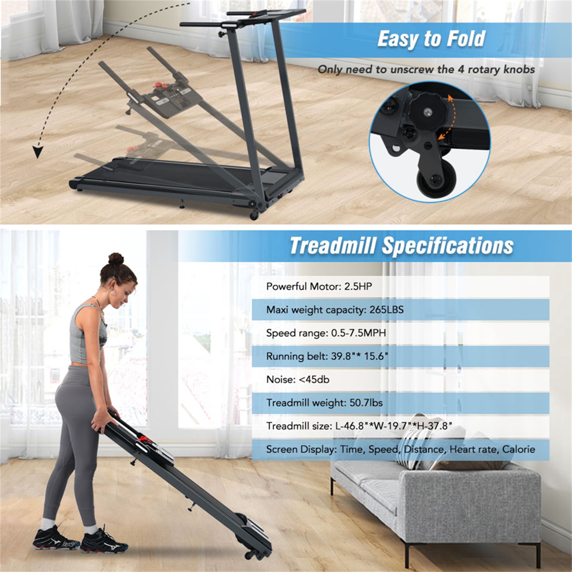 Aukfa Electric Folding Treadmill with Incline for Home Office 265 lb Capacity 7.5 mph Max Speed