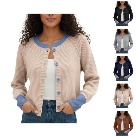 Cropped Cardigan Sweaters for Women Long Sleeve Color Block Crewneck Button Up Open Front Knit Cardigans Fall Tops