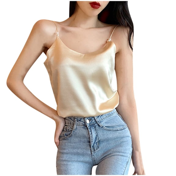 DuoJiaJ Fashion Women V-Neck Casual Sleeveless Pearl Camis Vest Solid Loose Tops Summer Tank Tops Women Beige S