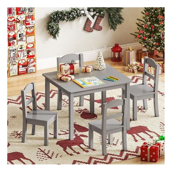 Wooden Kids Table and 4 Chairs, Multi-Activity Toddler Table and Chairs Set, Kids Table and Chairs Set for Arts, and Snack Time, Toddler Activity Table and Chairs for Age 3-8 (Gray)