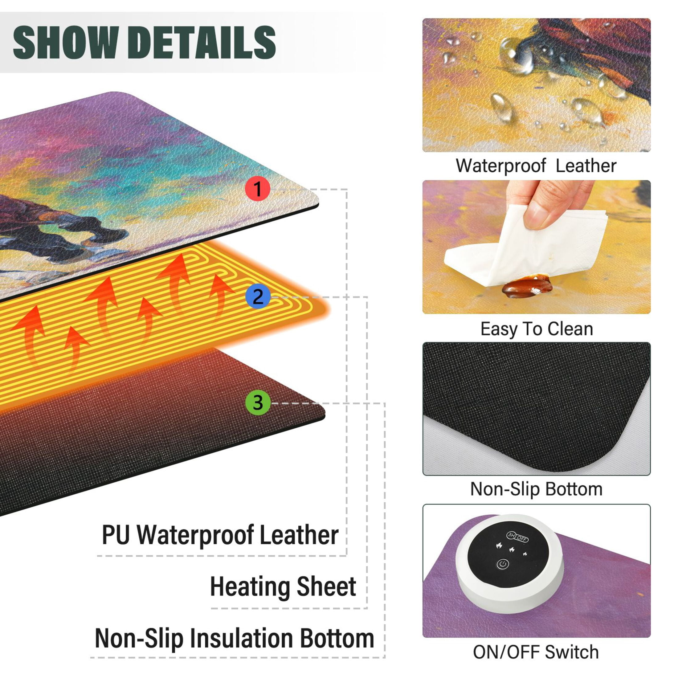 Large Heated Desk Mat Mouse Pad 31.5"x13"PU Leather Graphene Heating Desk Warmer with 3 Temperature Settings 110V US Plug Non-Slip Warm Pad for Home, Office, and Gaming Dynamic Equestrian Art Design