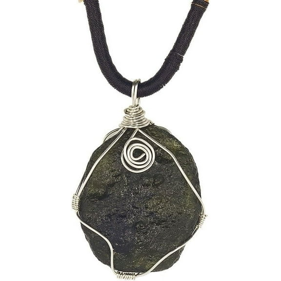 Raw Moldavite Crystal Necklace,Silver Wrapped Certified Moldavite Czech Meteorite Stone,Green Glass,Irregular Shape