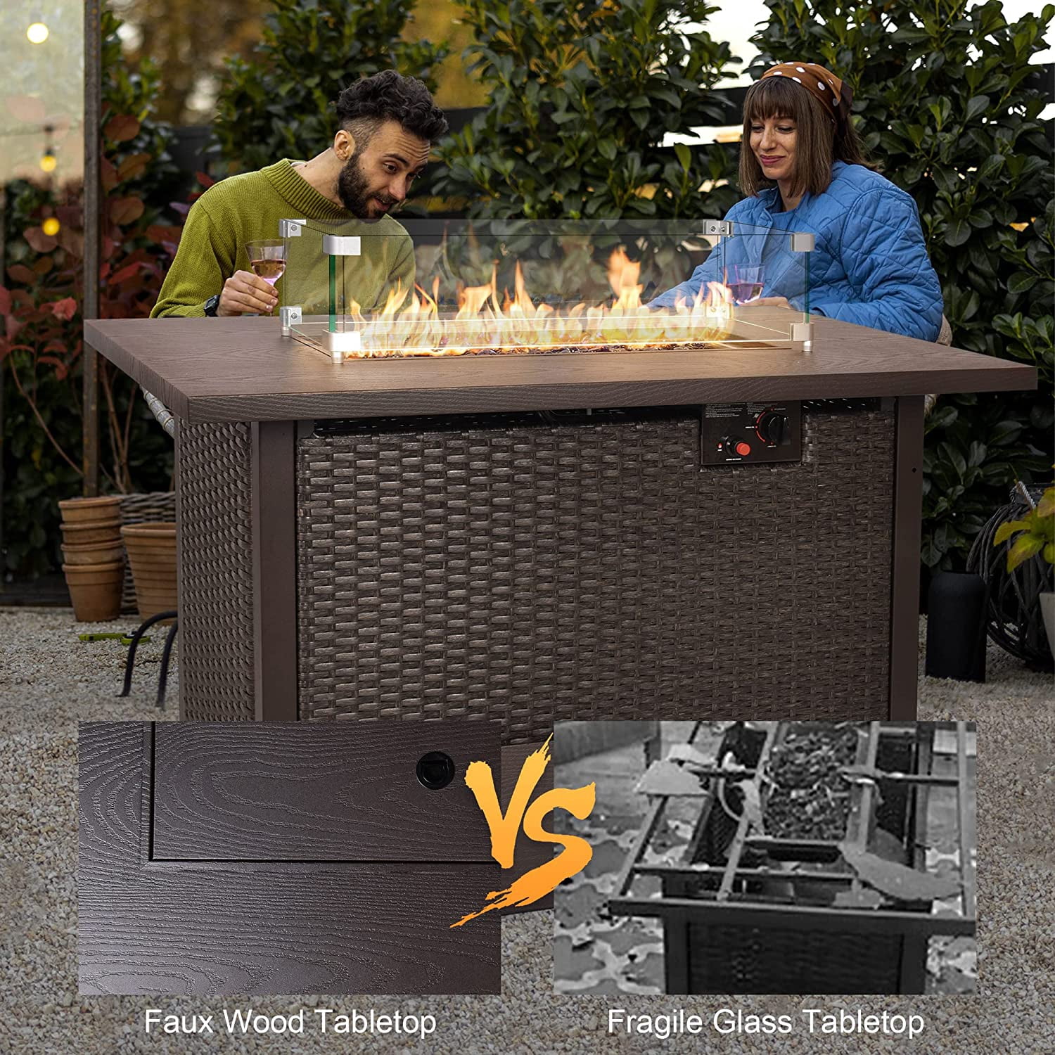 Phonjoroo Fire Pit Table 42 in Outdoor Propane Gas Fire Pit for Outside 50,000 BTU Auto-Ignition Gas Firepit Outdoor Rattan Table with Glass Wind Guard and Cover
