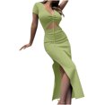 thumbnail image 1 of Vestido informal de verano con cuello en V, vestido liso de manga corta para mujer, vestido largo tejido ahuecado para mujer Pompotops  ghjkhdj16975, 1 of 5