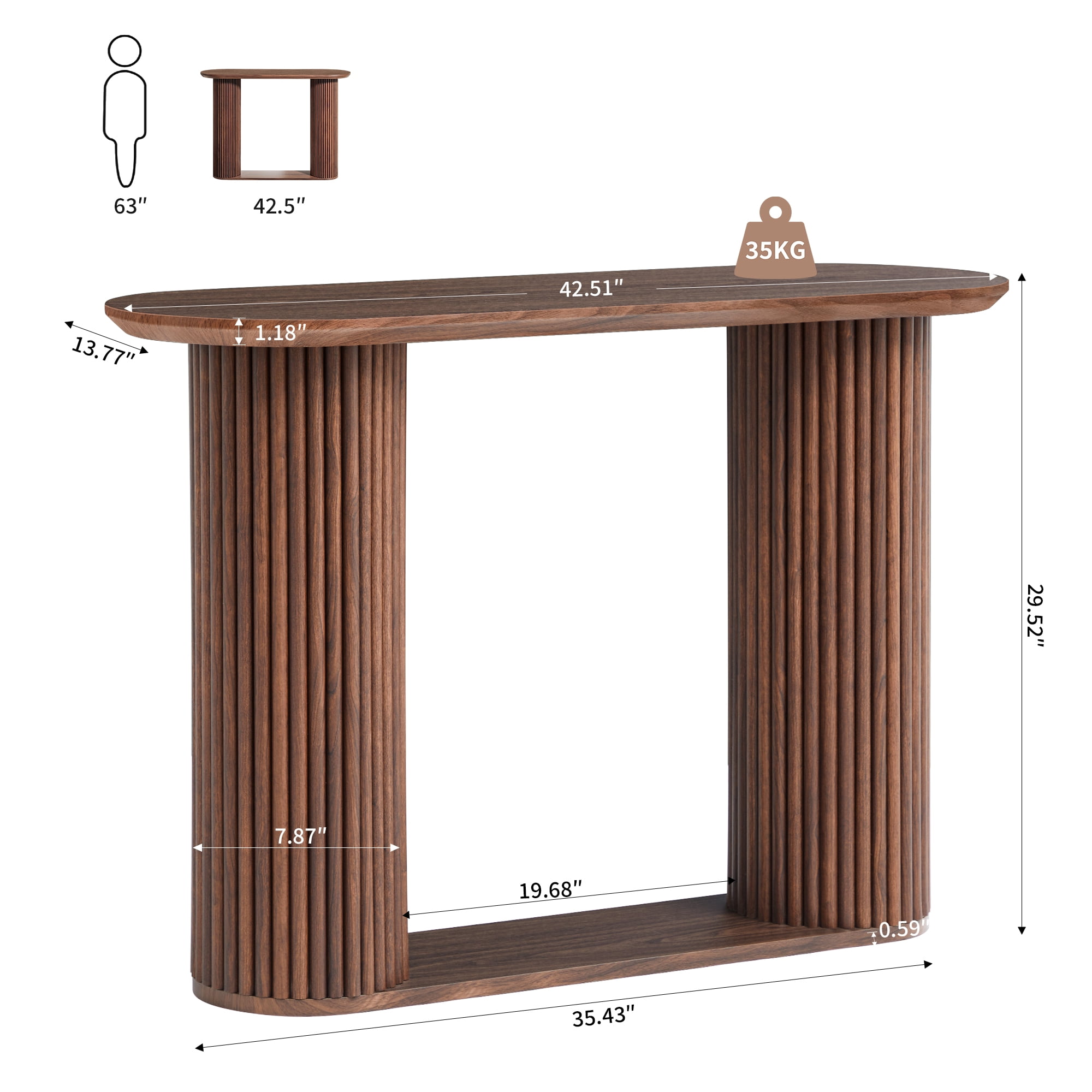 PHOYAL 42.51" Long Walnut Console Table with Vertical Stripe, Oval Fluted Sofa Table with Curved Edge Design for Entryway Hallway Living Room