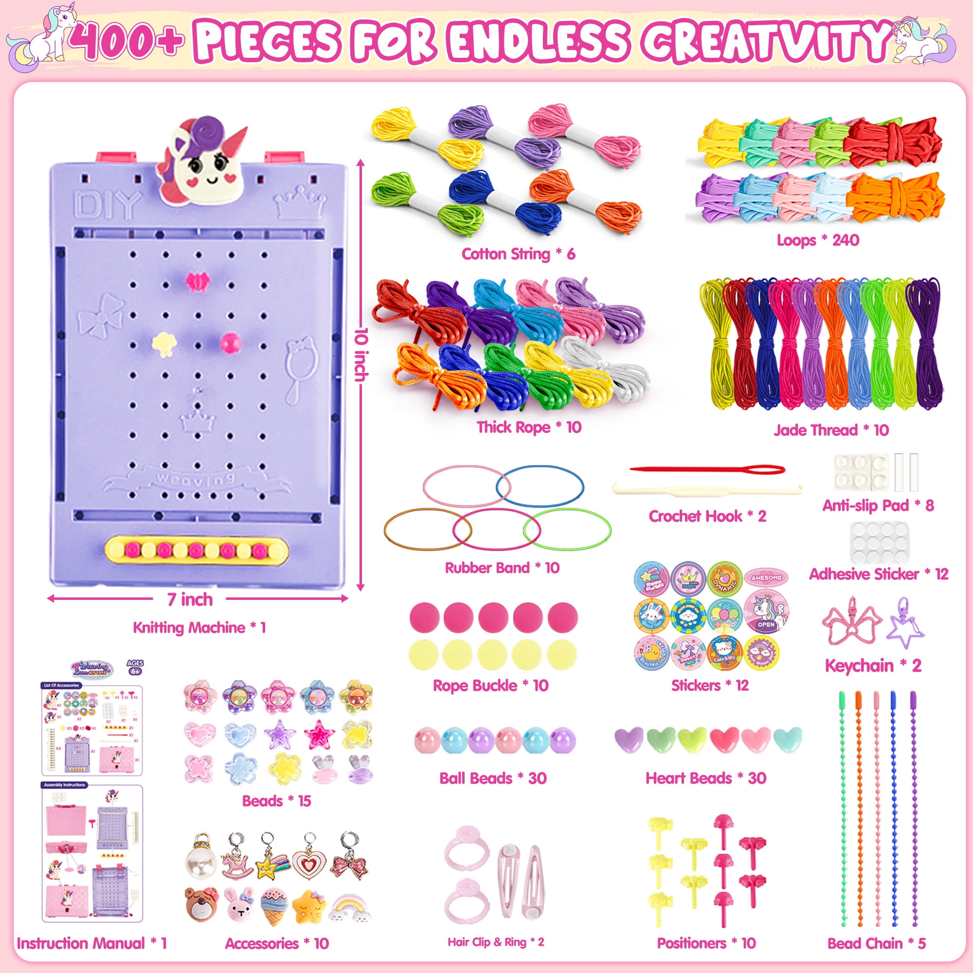 Unicorn 2-in-1 Friendship Bracelet Kit, Weaving Loom Toy for Kids, Crafts Kit for Girls age 6-12, Knitting Activity DIY Toys Birthday Gift for Girls Ages 6 to 12
