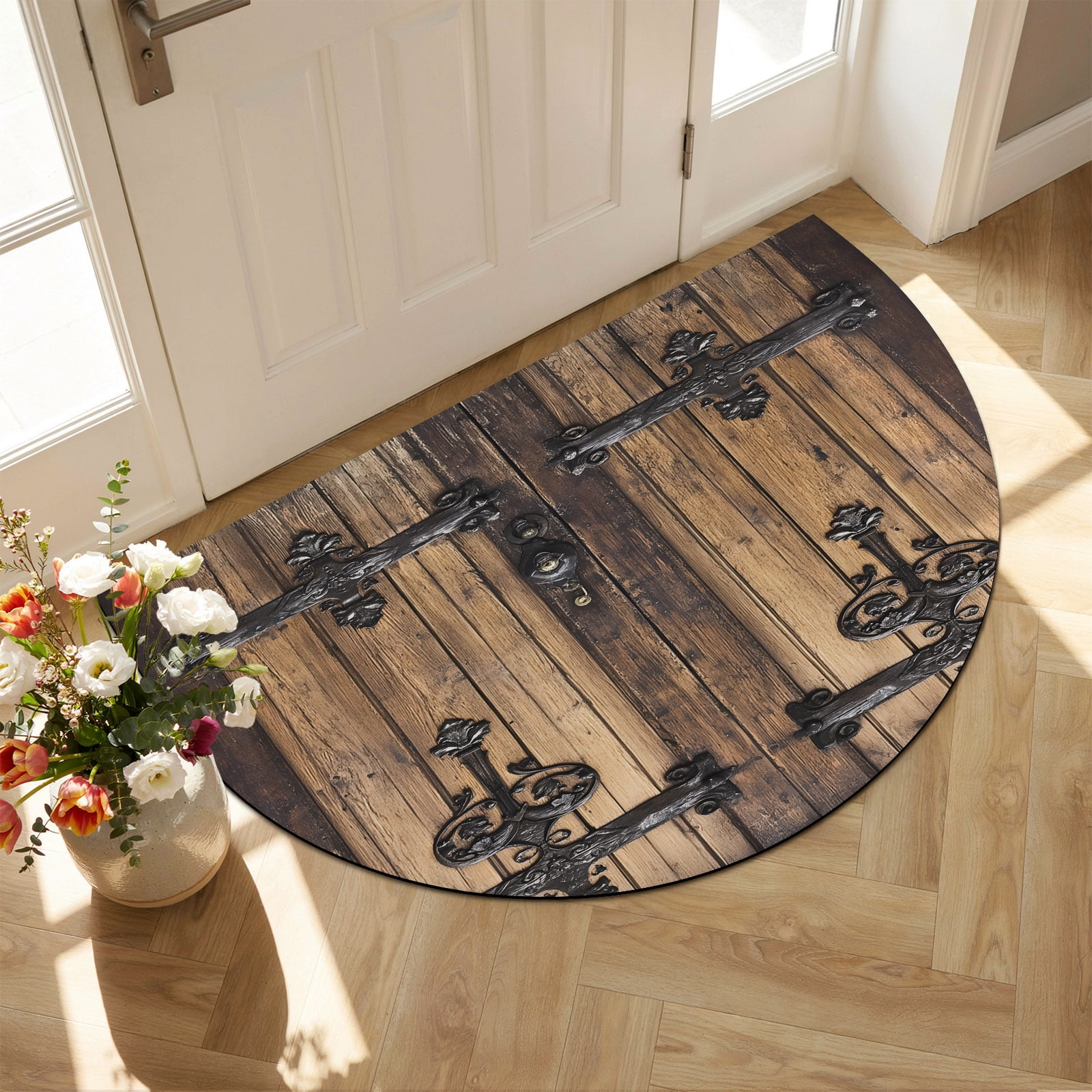 Front Door Mat Outside Entrance 18 x30 Rustic Wooden Door Absorbent & Non-Slip Half Circle Doormat Indoor Entrance Low-Profile Welcome Mat for Entryway Patio Brown Black Farmhouse Country Vintage