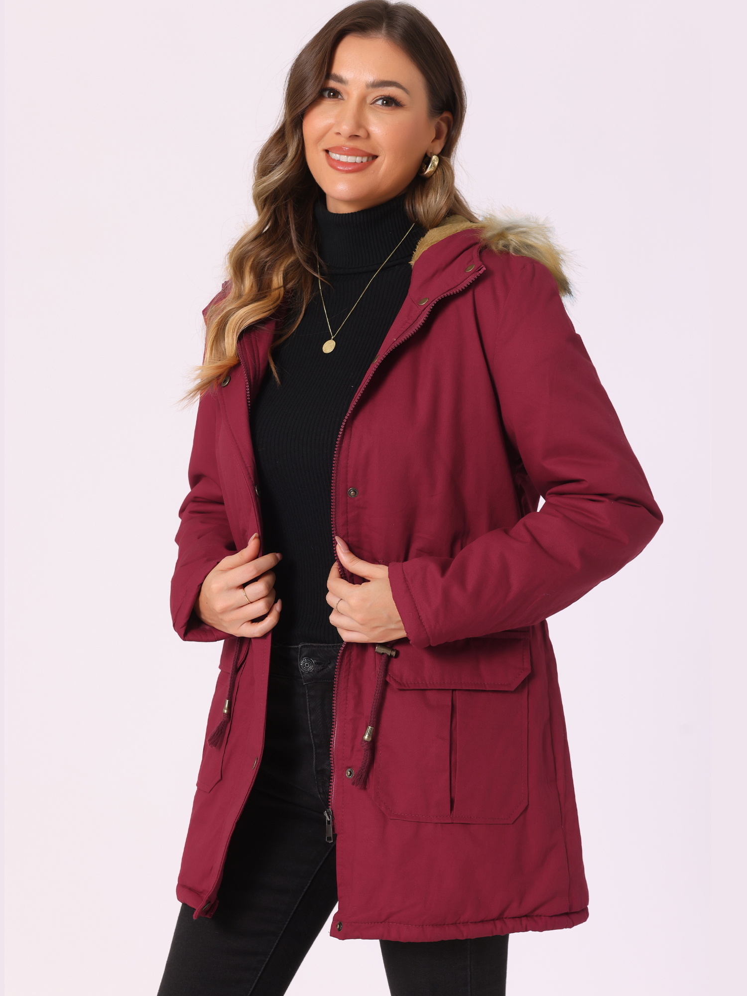 Unique Bargains Women Windproof Winter Parka Puffer Coat with Faux Fur Hood M Dark Red