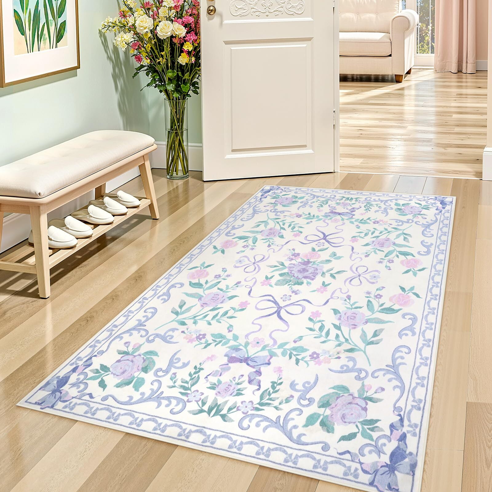 Wonnitar 3'x 5' Floral Area Rugs for Bedroom, Cute Bow Accent Rugs for Kids Room, Washable Carpet Non Slip Low Pile for Nursery Room, Playroom, Vanity Room Purple