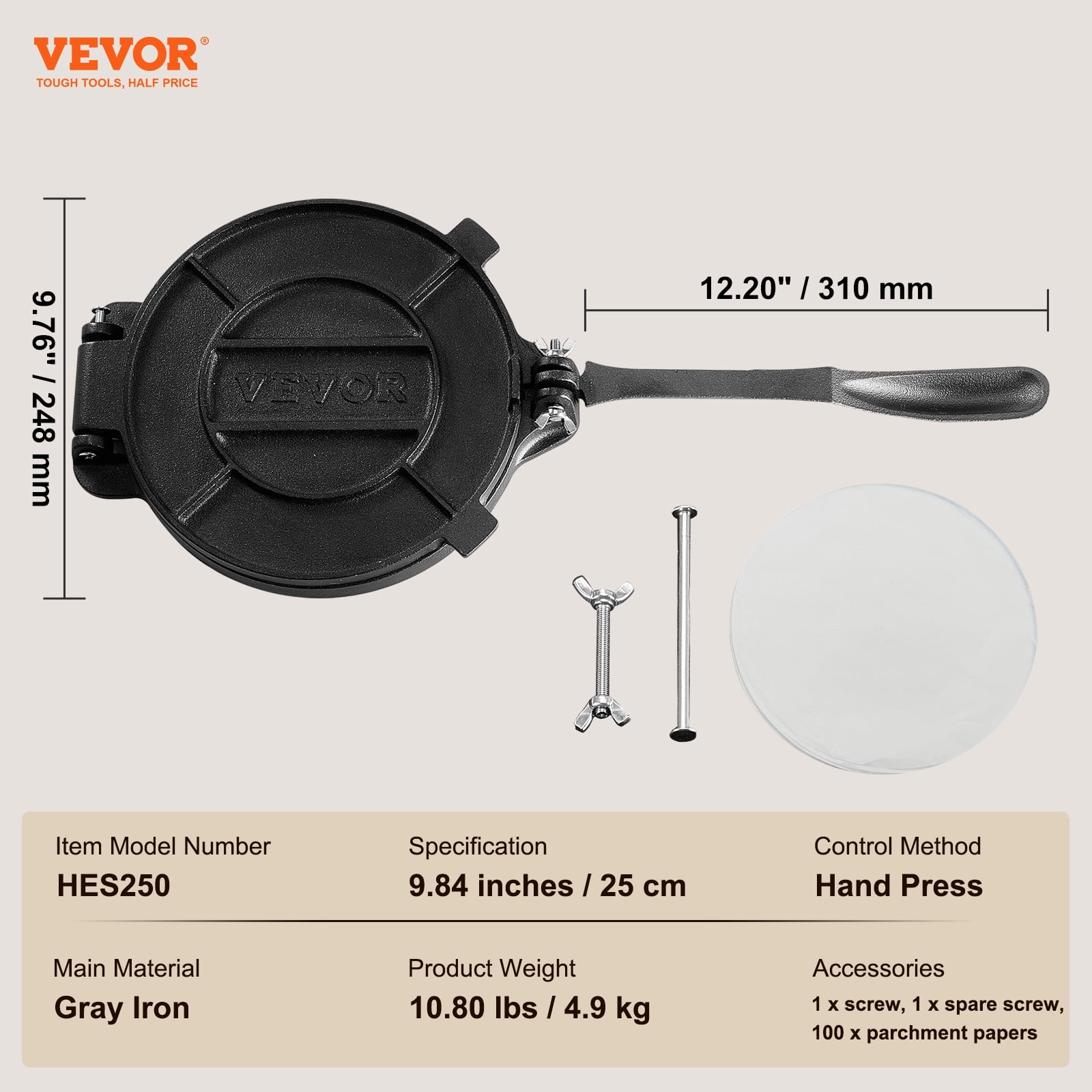 KFFKFF 10 Inch Tortilla Press Chapati Maker Roti Dough Maker Heavy Duty Cast Iron Includes 100 Pcs Parchment Paper