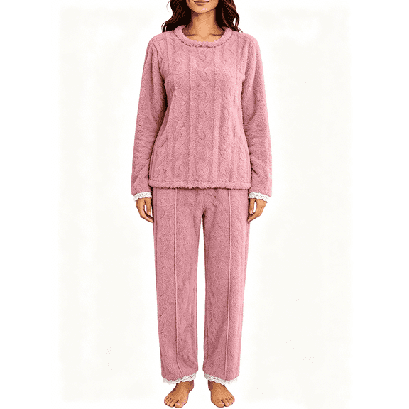 Busydd Fuzzy Pj Sets for Woman Comfy Warm Solid Color Fleece Pajamas Casual Long Sleeve Crew Neck Top and Pants Two Piece Sets S