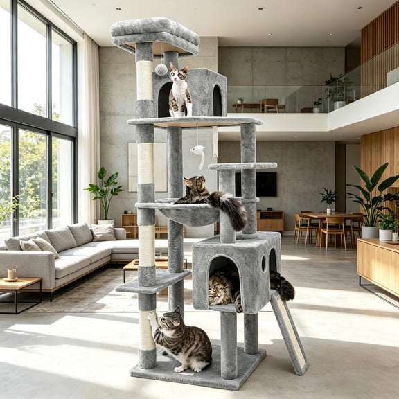 Heavy Duty Cat Tree, 70 inch Sturdy Cat Tree for Indoor Cats Extra Large Cat Tower with Scratching Post, Hammock, Cat Condo for Adult Cats Kittens, F70 Pro, Light Grey