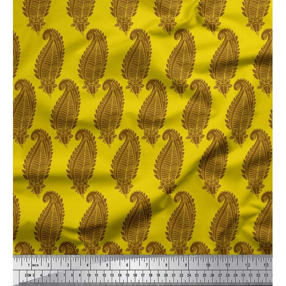 Soimoi Yellow Poly Georgette Fabric Brown Paisley Decor Fabric Printed Yard 42 Inch Wide