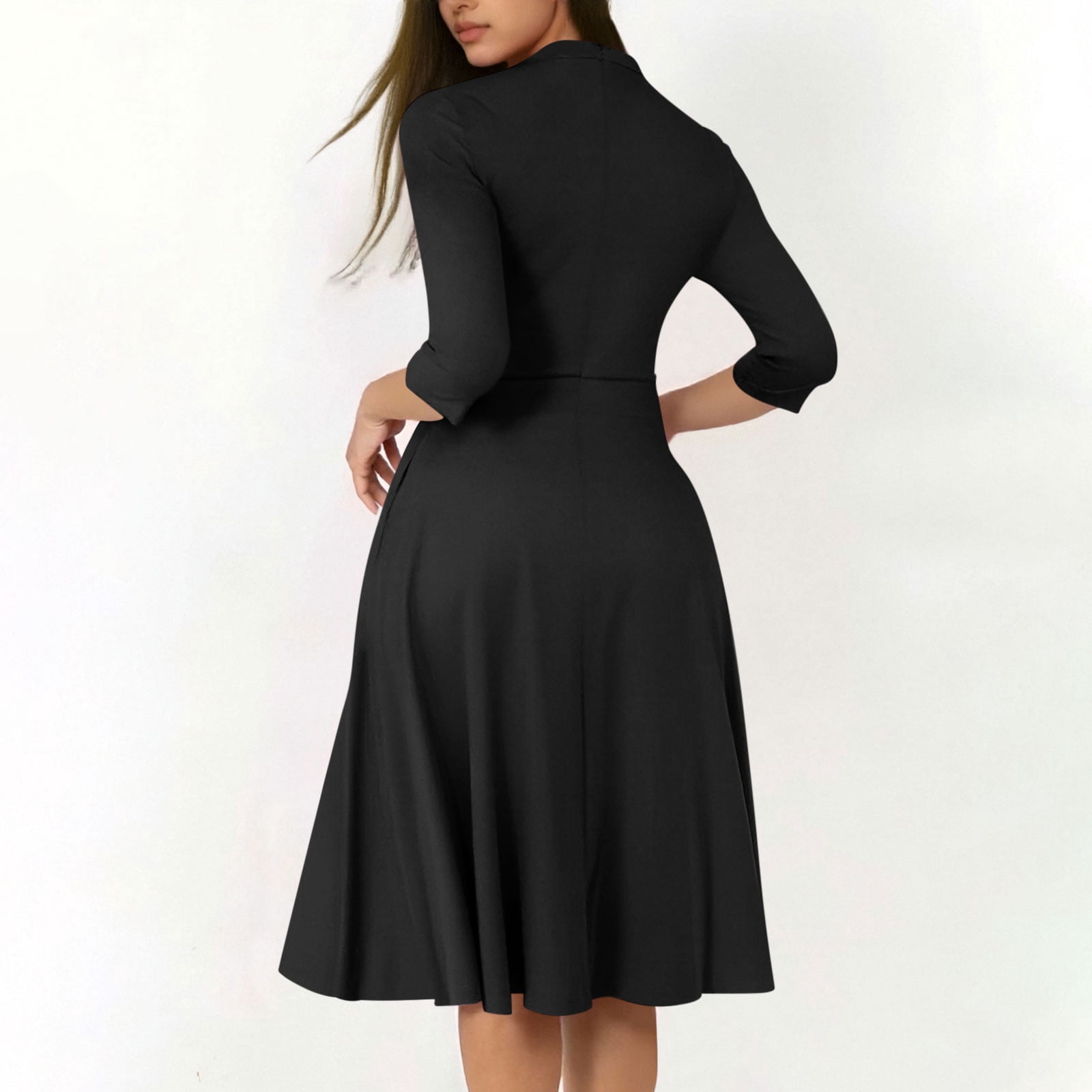 2025 Casual Dresses for Women Semi Formal Flare Dress 3/4 Sleeve V Neck A-line Church Work Dress with Pockets