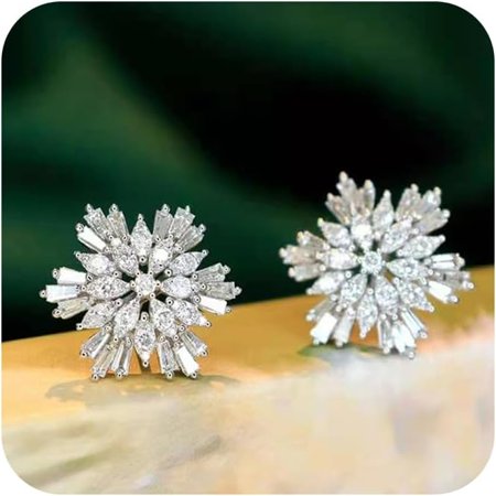 Cubic Zircon Stud Top Earring Hypoallergenic 925 Sterling Silver Snowflake Stud Earrings for Women Christmas, Silver Snowflake Winter Studs Xmas Sparkly White CZ Jewelry Christmas Earrings[w890]