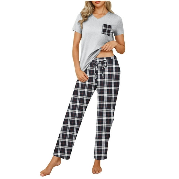 Plaid Pajamas Sets for Women Soft Lounge Short Sleeve Tops and Long Pants Sleepwear Negligee Outfits with Pocket