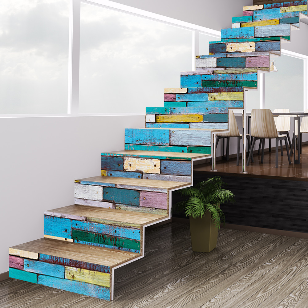 Stair Stickers WALL Home Rustic Colorful Patchwork Wooden Printed Stairs Self Adhesive Decoration Wall Sticker 39.37"x7.09"