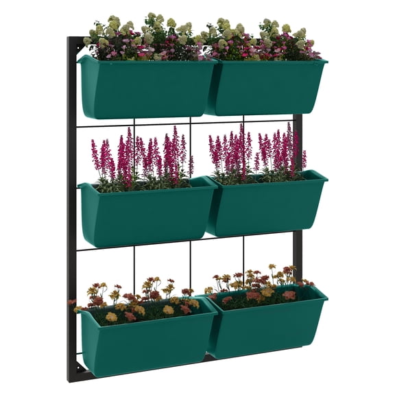 Hanging Planter 3-Tier with 6 Pots, Wall Mounted Indoor Outdoor, Self Draining, Green