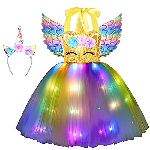 Soyoekbt Girls Unicorn Costume LED Light Up Unicorn Princess Dress Birthday Party Outfit Halloween Rainbow Led Tutu Dress 