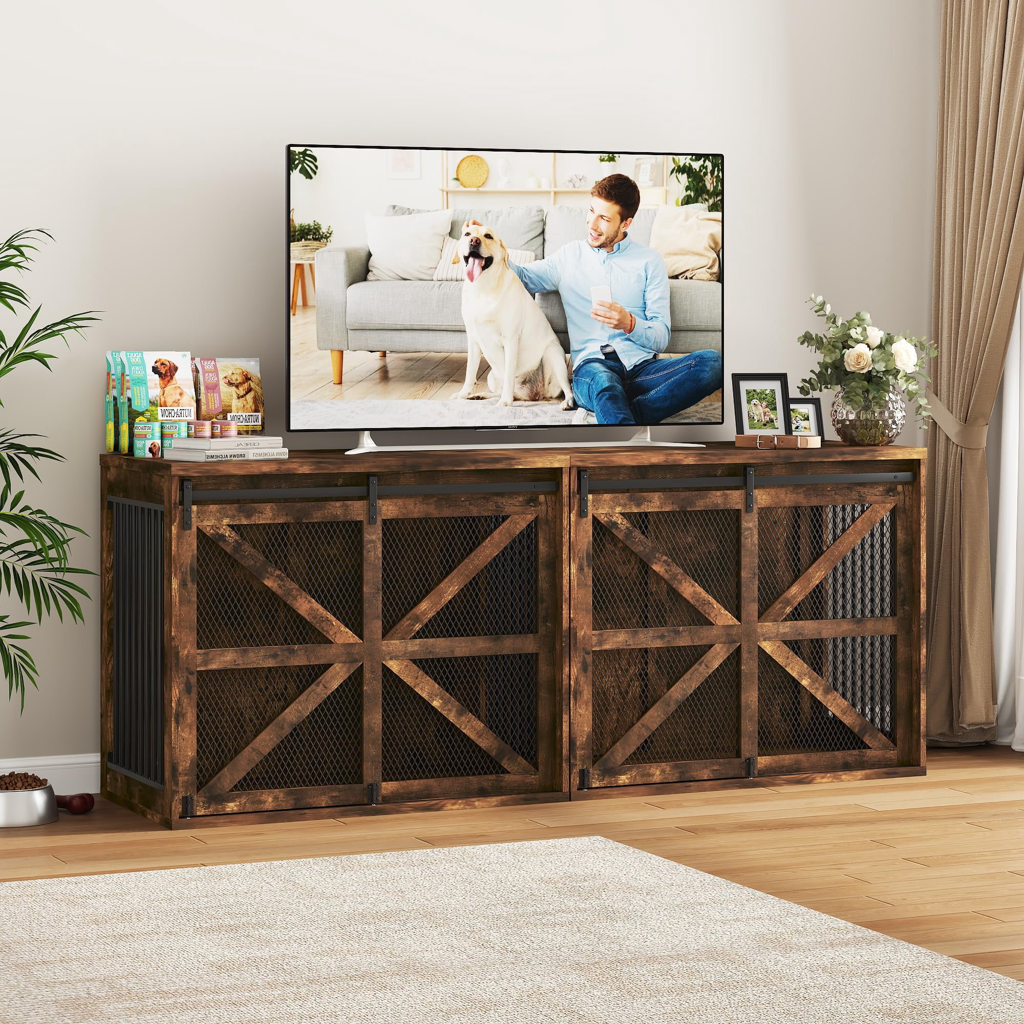 Blotout 43.3" Farmhouse Dog Crate Furniture, Wooden Dog Crate Furniture with Sliding Metal Mesh Barn Door, Solid Metal Tube & 2 Lockable Doors, XL Rustic Brown