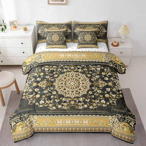 YST Royal Floral 7 Pcs Comforter Set King Black Gold Boho Bedding Set European Exotic Flowers Bed in A Bag Sheet Set Bohemian Black Yellow Geometric Lattice Bedding Comforters & Sets