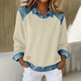 thumbnail image 2 of ClodeEU Womens Denim Panel Knit Sweatshirt ,Long Sleeve Lapel Casual Loose Pullover Tops Khaki,Womens Plus XXL, 2 of 9