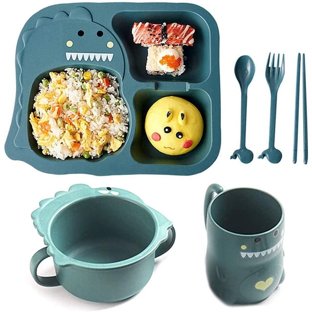 Juego De Platos De Cena, Juego De Platos Para Niños, Platos Y Platos Para Niños De 6 Piezas, Tazón Para Niños, Taza, Cuchara, Tenedor, Pequeño Dinosaurio De Dibujos Animados, Rosa Xemadio LN-2093-1