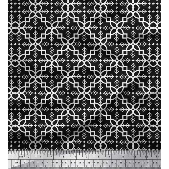 Soimoi Black Cotton Voile Fabric Quaterfoil Damask Print Fabric by the Yard 42 Inch Wide