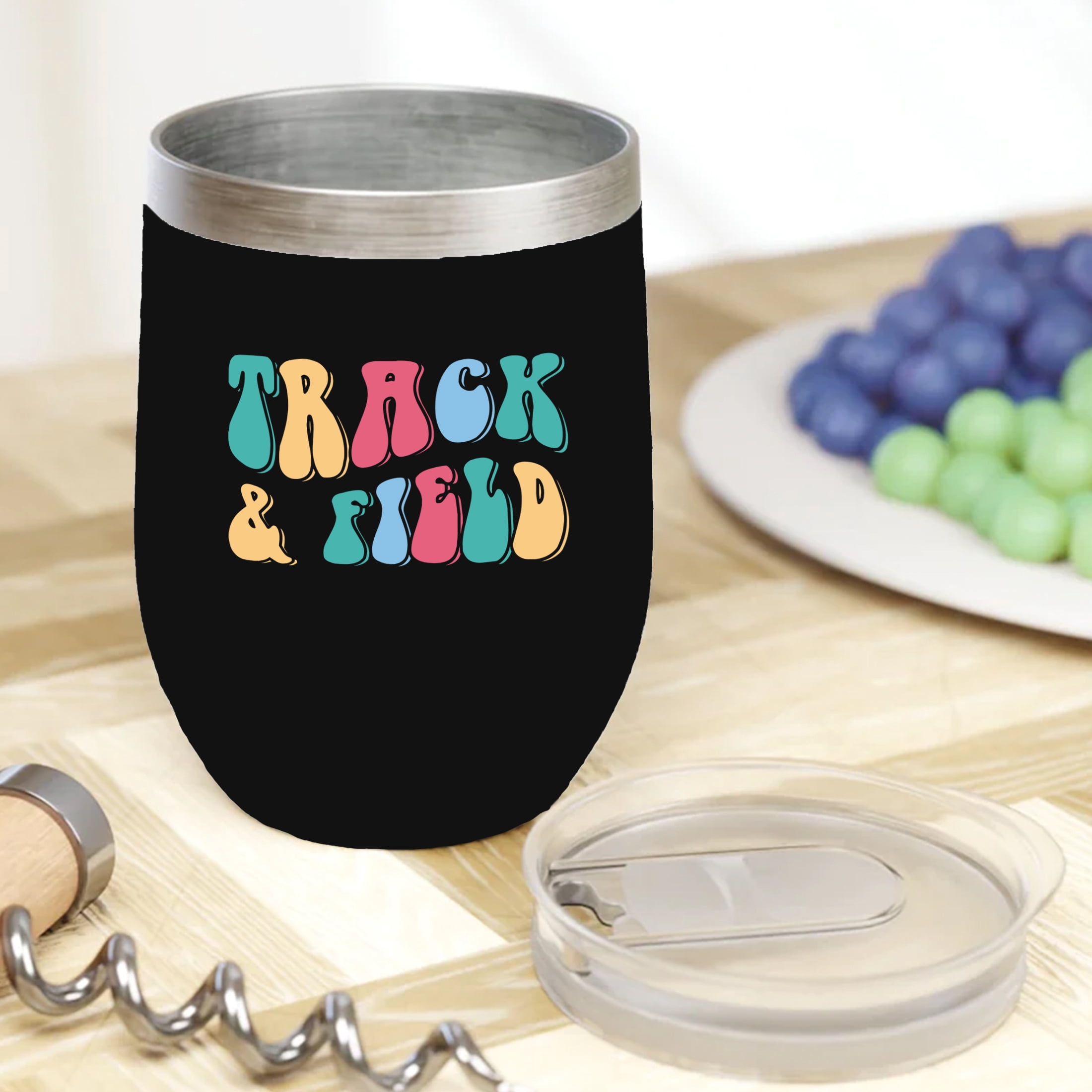 Track & Field, Sports or Athlete Themed, Groovy Retro Wavy Text Merch Gift, Black 12oz Wine Tumbler