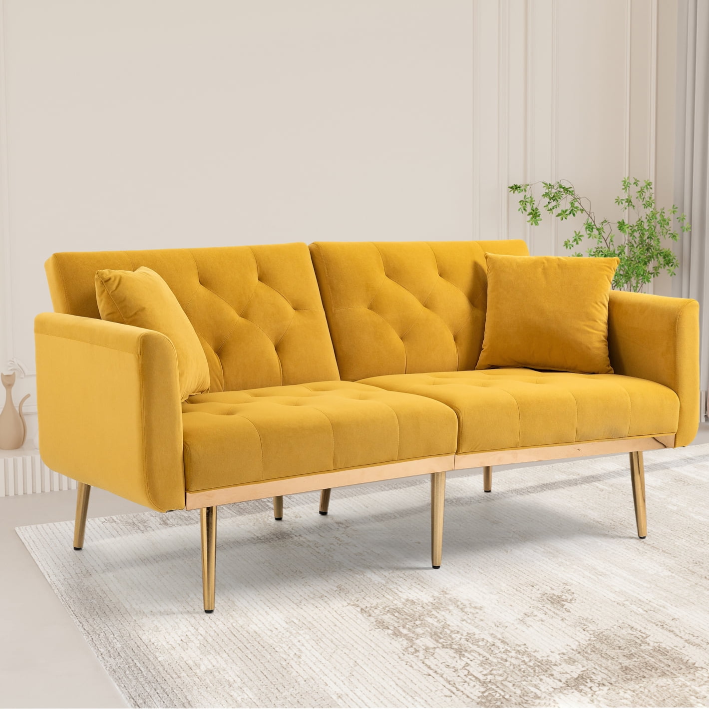 Velvet Sofa with Metal Feet, Futon Sofa Bed, Convertible Accent Sofa, Sleeper Sofa Bed with