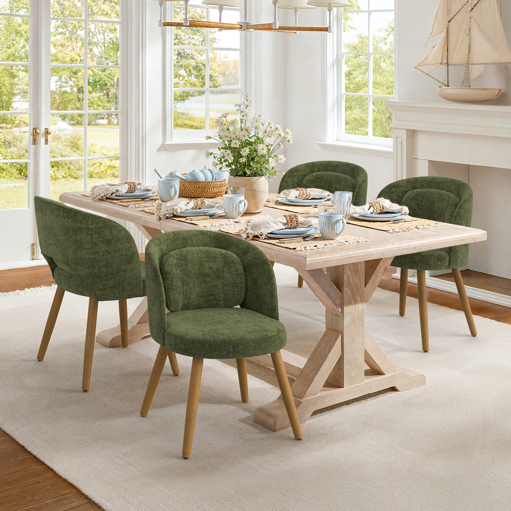 Dycanpo Upholstered Dining Chairs Set of 4, Wooden Dining Side Chairs with Curved Backrest & Individual Back Cushion, Green