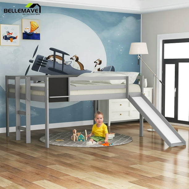 Bellemave Full Size Loft Bed Frame with Slide and Ladder, Wood Low Loft