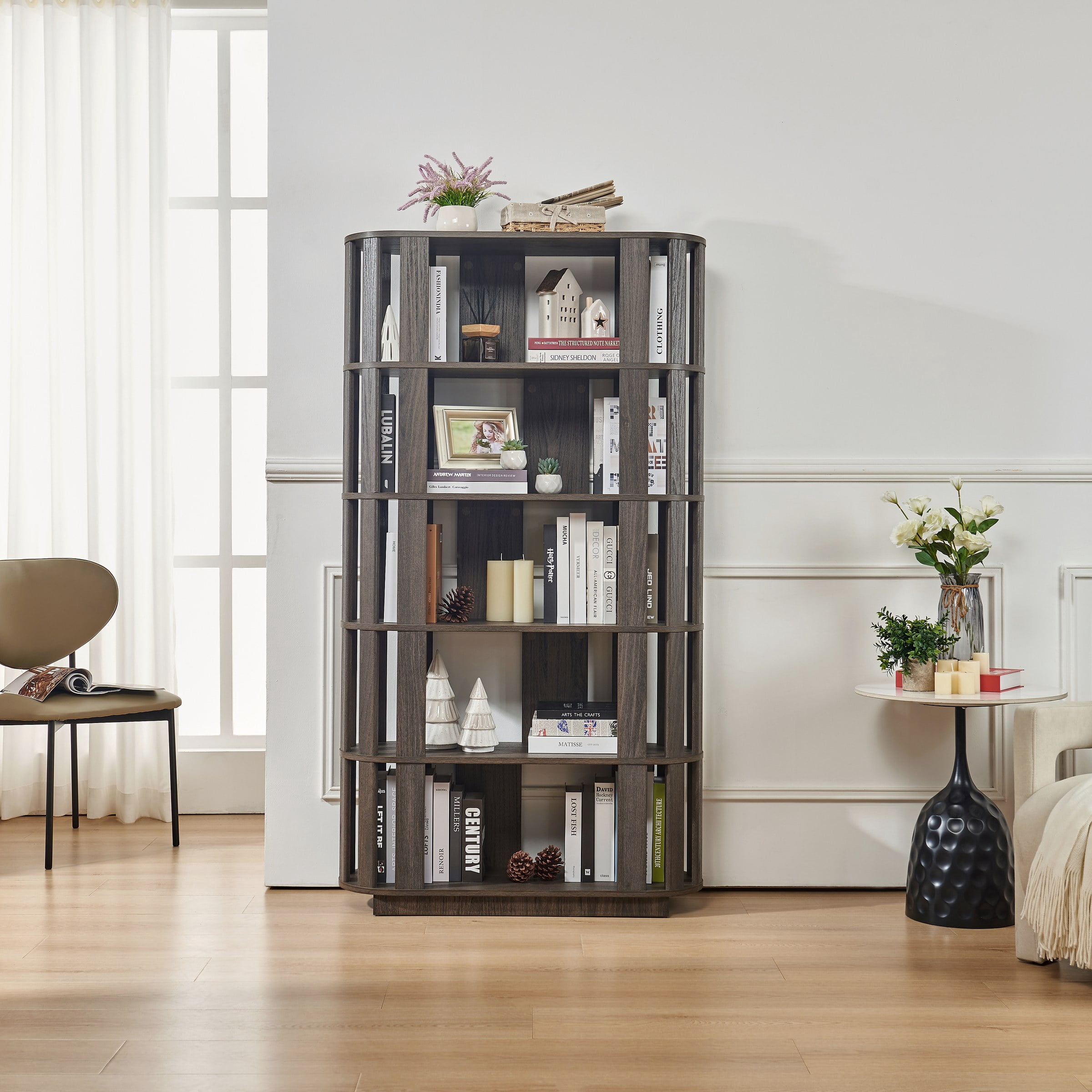 Wooden Oval Open Bookshelf, MDF Grid Frame Freestanding Bookcase, 5-Tier Easy Assembly Storage Display Rack for Living Room Home Office Decor, DIY Free Combination Storage Cabinet Study Room