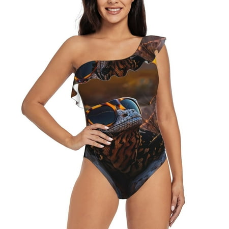 Tideii Lizard With Sunglasses Sunset for One shoulder Ruffled Swimsuit  One Piece Tummy Control Swimsuit Summer Swimwear for Adult Women-Small