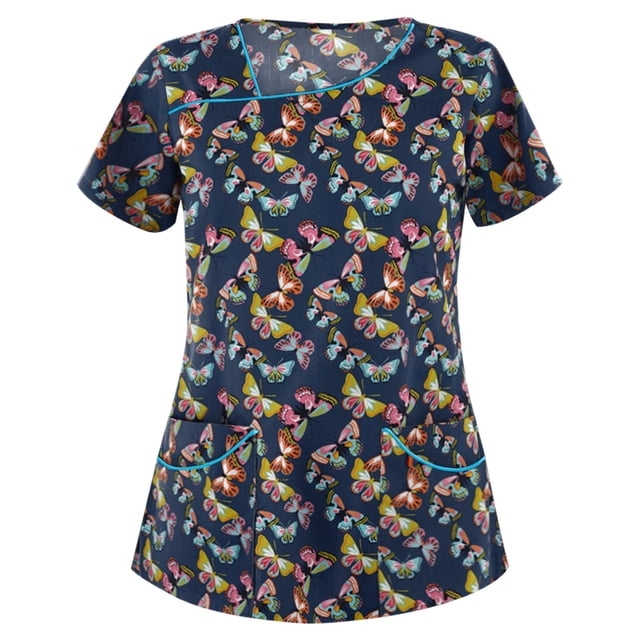 Snoarin Summer Plus Size Workout Tops for Women Fashion Short Sleeve Neck Tops Working Printing Uniform Blouse T-Shirt Tops Work Uniforms for Women on Clearance