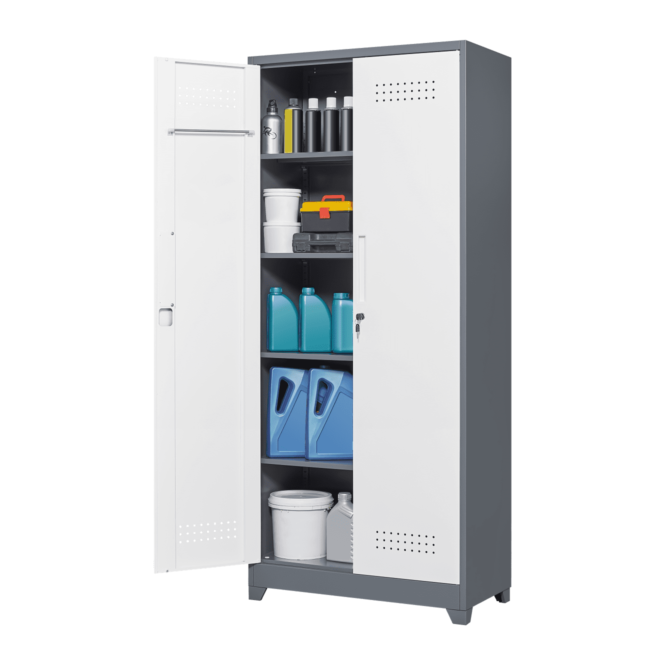 72'' Metal Garage Cabinet, Cleaning Tool Cabinets With Lockable Doors, High Broom Tool Storage Cabinets with Adjustable Shelves, for Kitchens, Offices, Shops, Grey+White