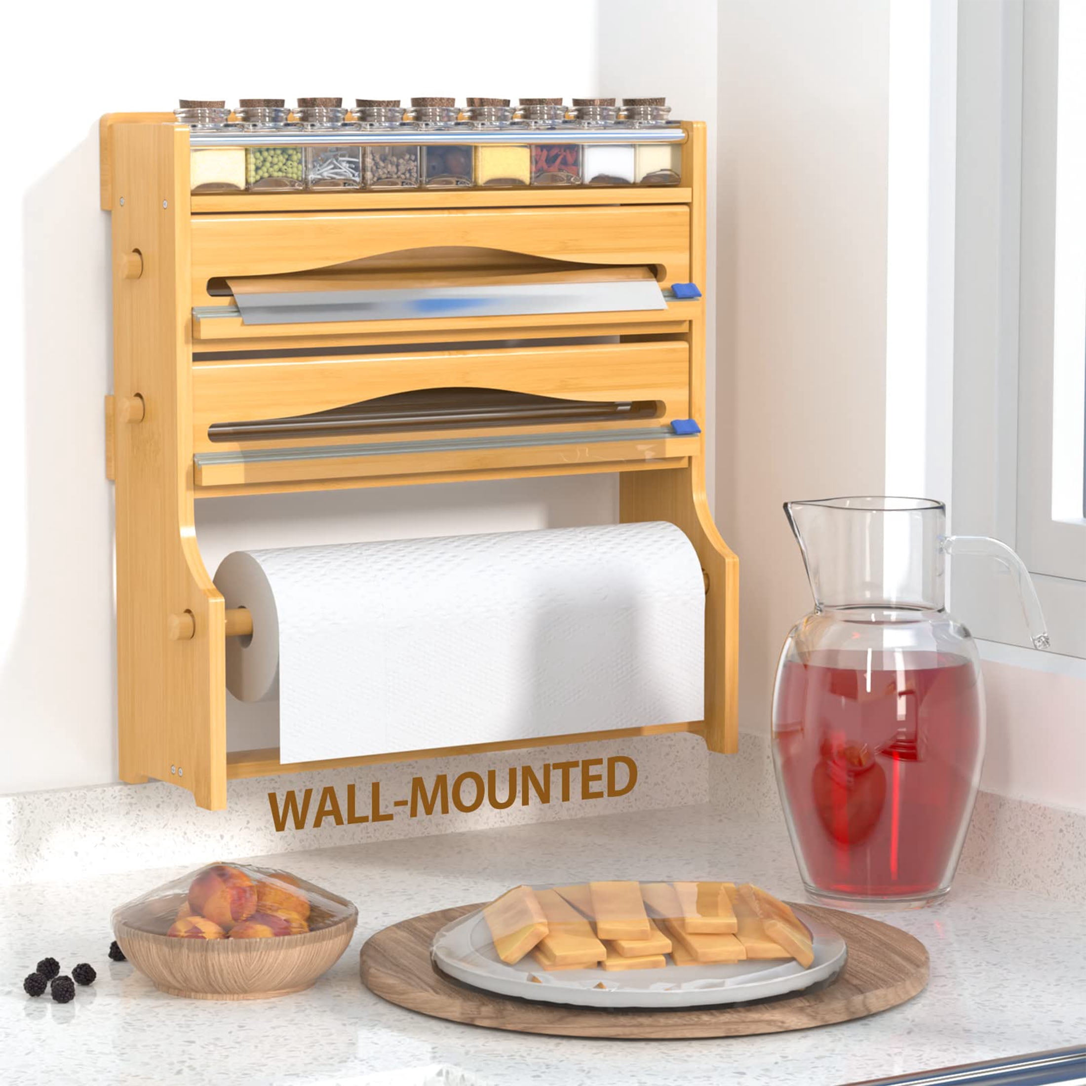 Bambloom Foil Plastic Wrap Organizer Dispenser,Wall Mounted Paper Towel Holder & Spice Shelf, 4 in 1 Bamboo Kitchen 12" Roll Dispenser with Cutter