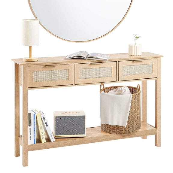 Rattan Console Table with 3 Drawers and Sliding Door, Natural Wood Finish Entryway Sofa Table