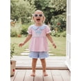 thumbnail image 4 of BemeyourBBs Toddler Baby Baby Girl Summer Clothes Infant Baby Girl 2 Pieces Outfit Bow Embroidered Striped Ruffled Trim Doll Collar Short Sleeve Shirt Tops and Shorts Set, 4 of 9