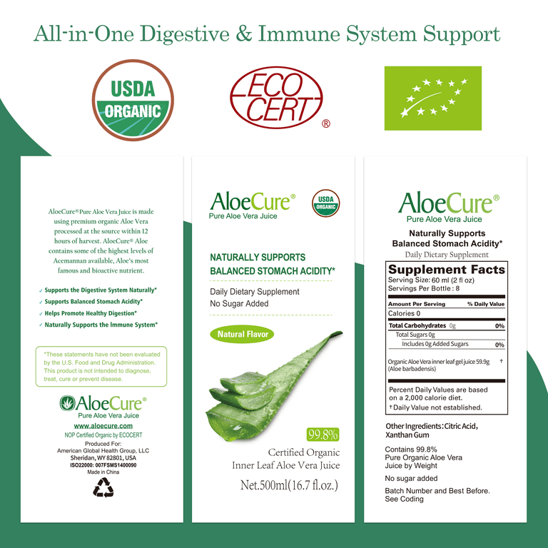 AloeCure USDA Organic Aloe Vera Juice Natural Flavor, Made Within 12 Hrs of  Harvest - Pure Aloe Juice Natural Acid Buffer Supports Digestion, Immune ...