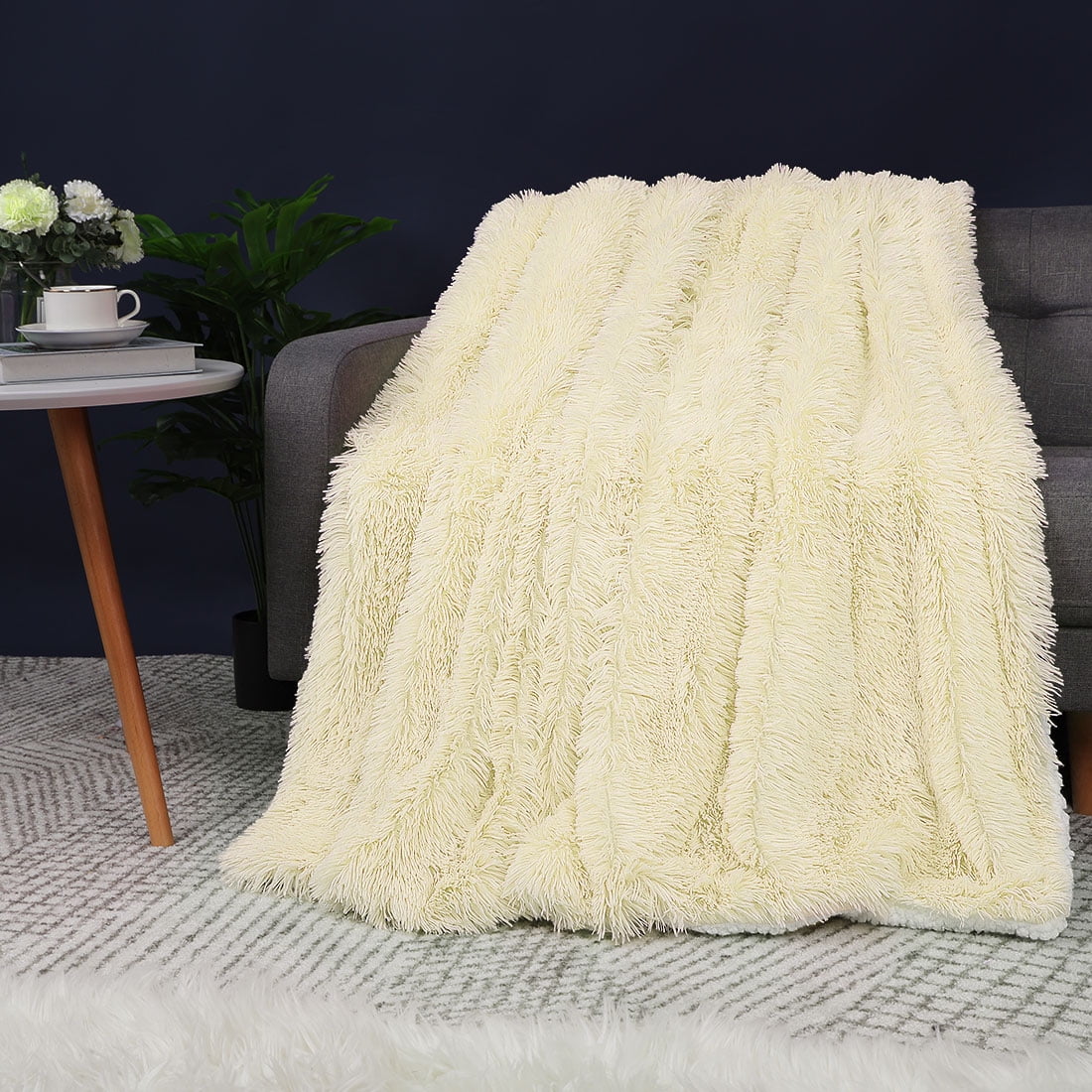 Unique Bargains Shaggy Faux Fur Soft Sherpa Blanket Beige Queen(90" x 90")