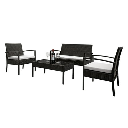 Shingle Covered Patio Clearance! Outdoor Furniture, 4PCS Patio Furniture Sets with 1PC Love Seat, 2 PCS Single Sofas, 1PC Rectangular Coffee Table, 3PCS Removble Cushions for Garden Lawn Backyard, Brown, Q3784 ()