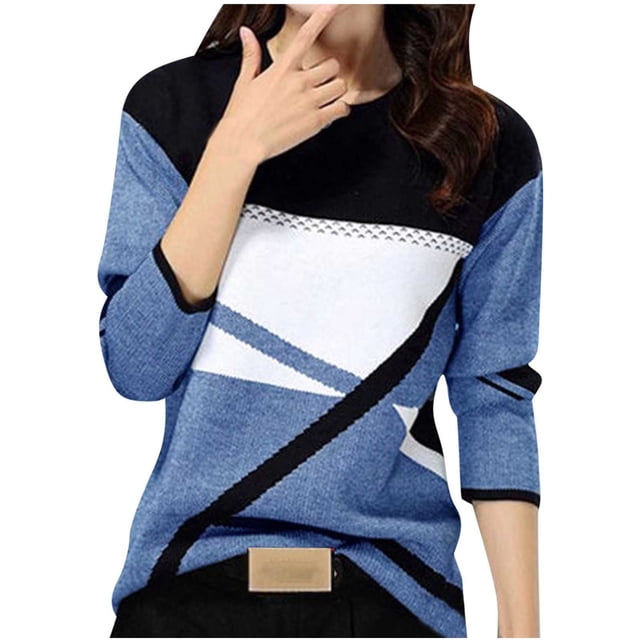 WEAIXIMIUNG T-Shirts à Manches Longues pour Femmes pour l'Été Mode Décontractée Col Rond Imprimé Géométrique Manches Longues